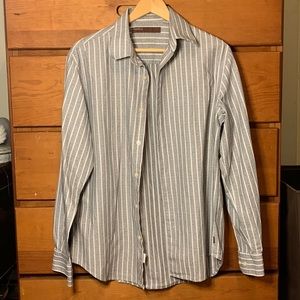 Perry Ellis grey and white striped button down shirt with detail between stripes